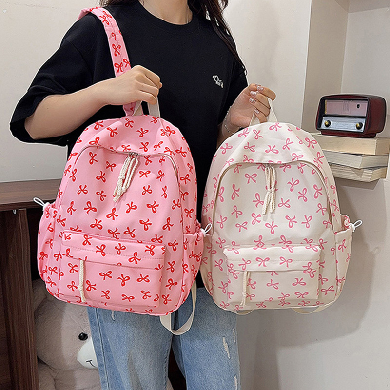 School Backpack Teen - 귀여운 리본 프린트 백팩 나일론 캐주얼
